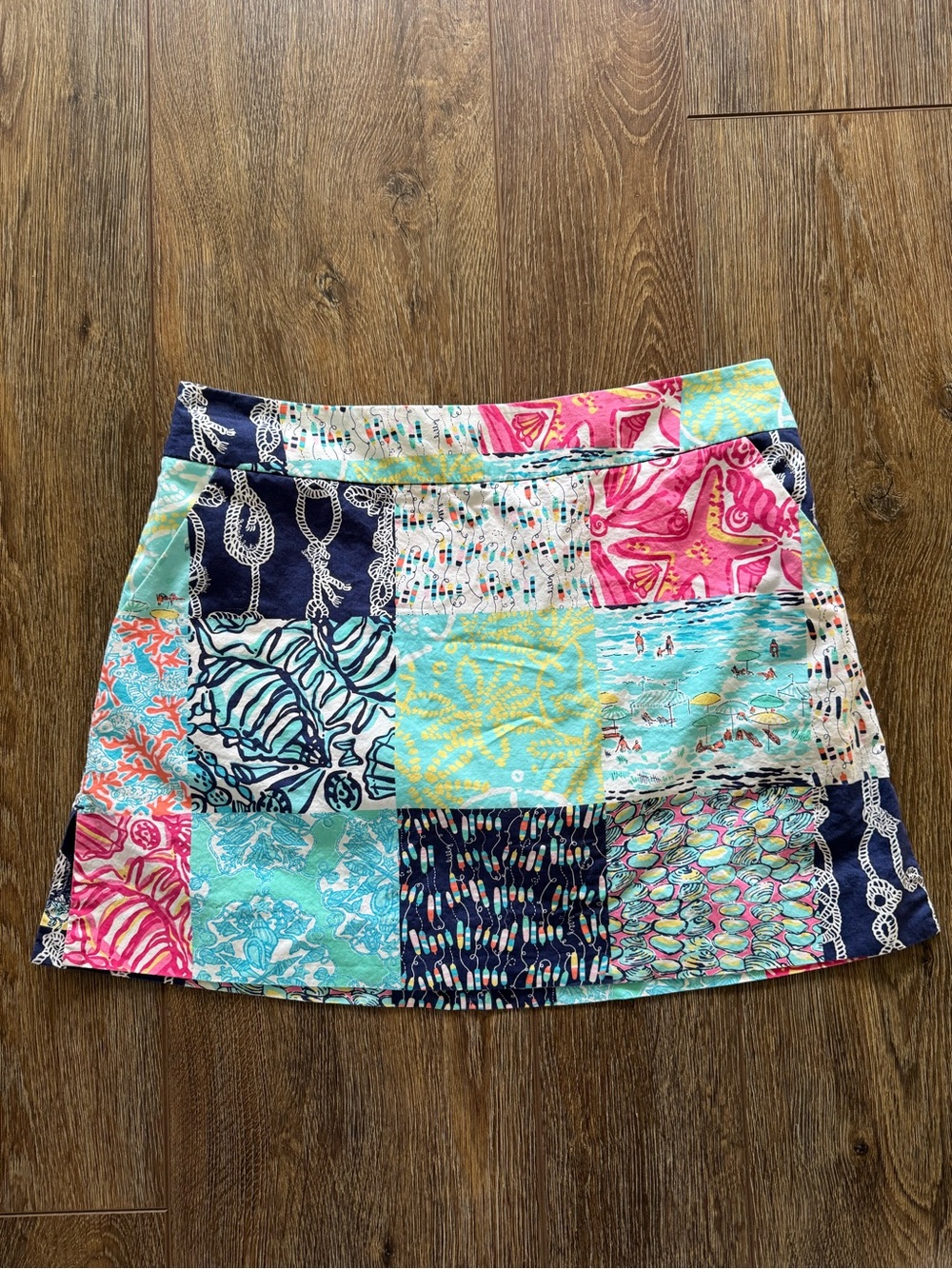 Lilly Pulitzer Patchwork Print Aqua Pink Navy Cotton Blend Skirt Skort